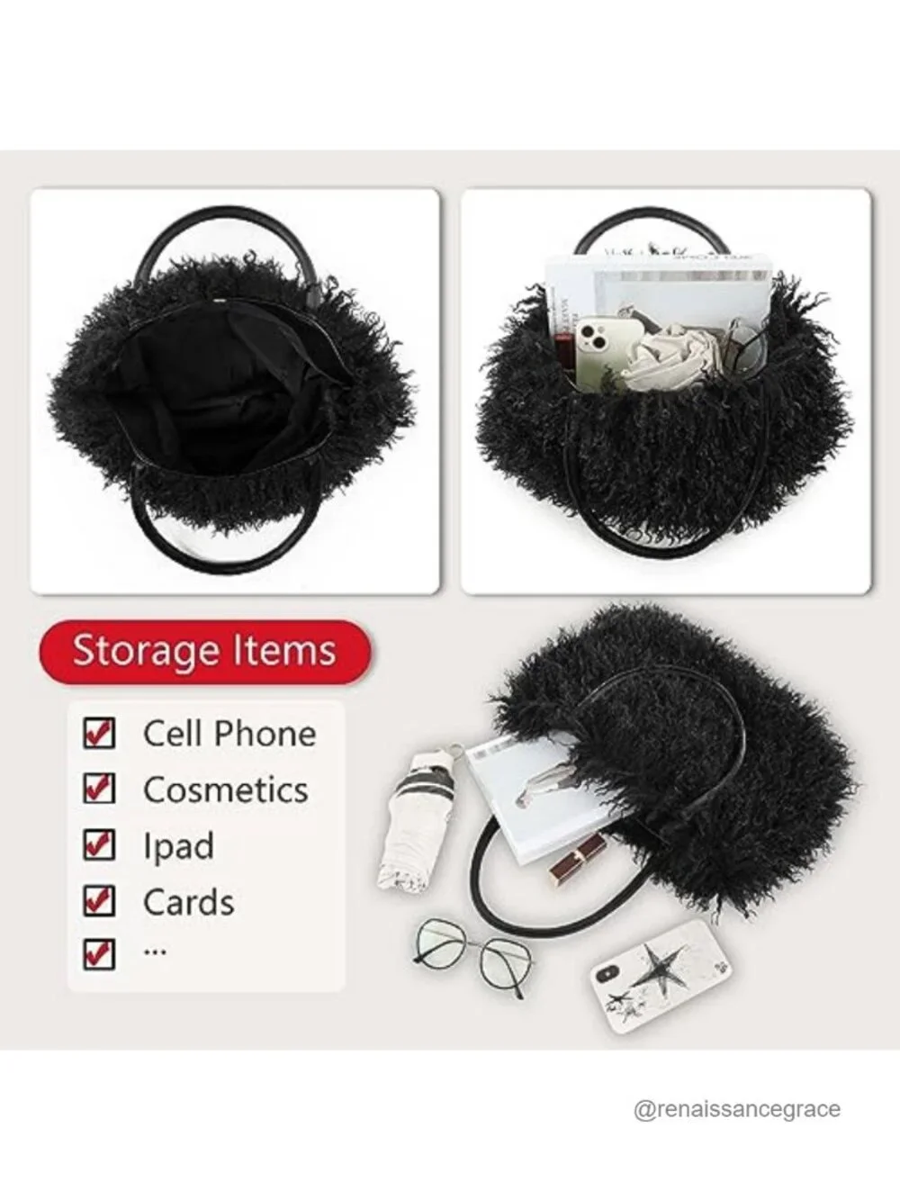 Women's Fuzzy Tote Bag Curly Handbag Furry Shoulder Bag Large Plush Top Handle
